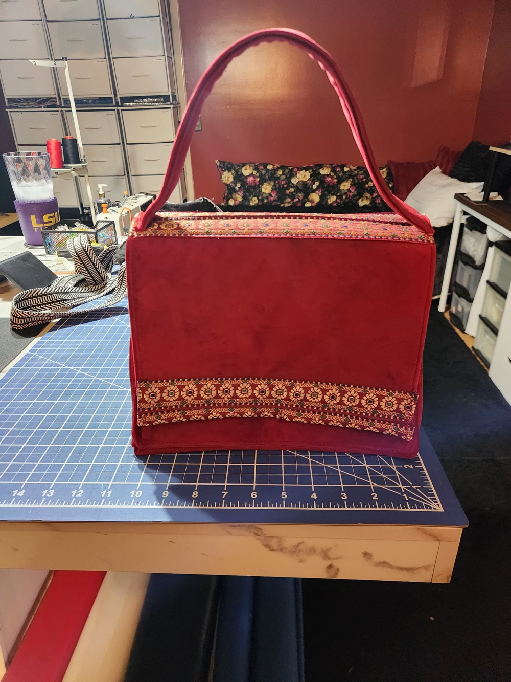 Red Embroidered Box Satchel Handbag